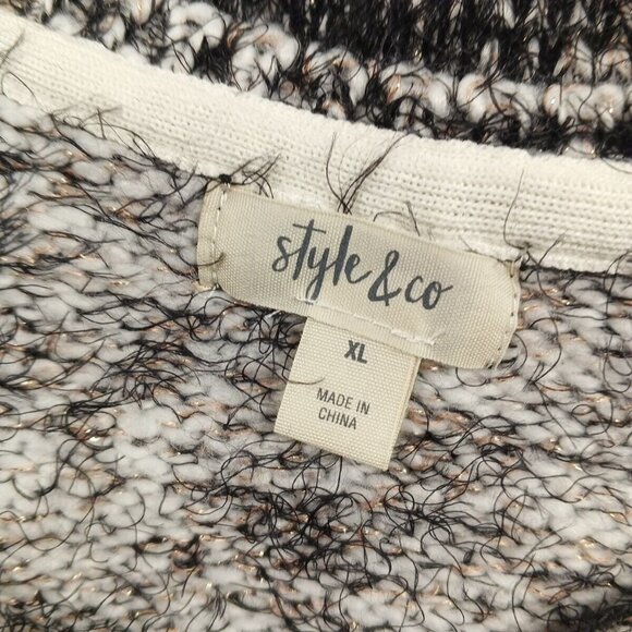 NWT STYLE&CO Soft Fuzzy Sweater XL(16-18) BLK/WHITE Metallic Crew Pullover - Picture 12 of 13